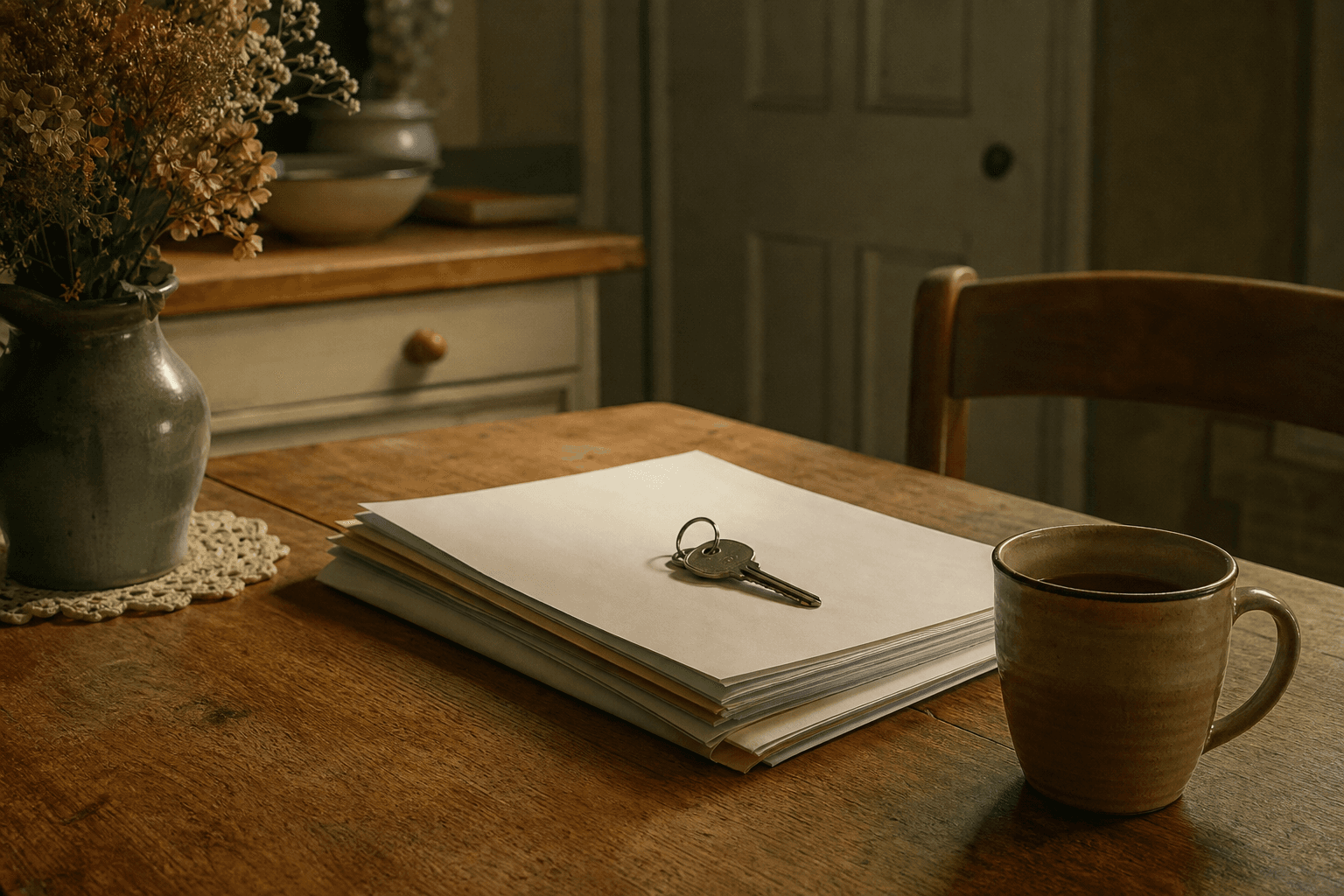 A stack of paper certificates and a set of house keys on a kitchen table in evening light
